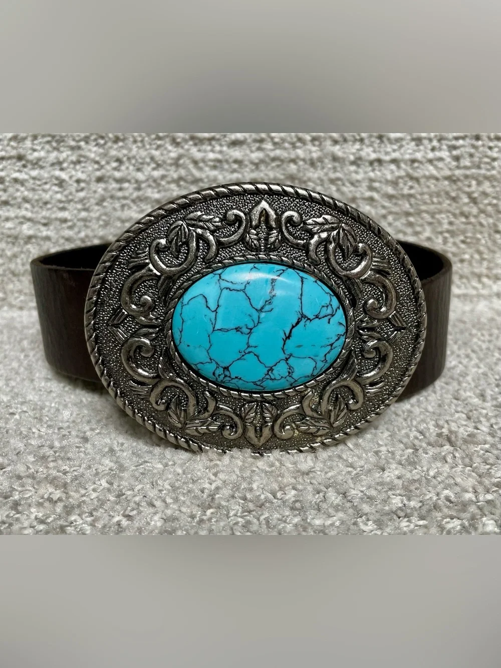 Amanda Smith Brown Leather Medium Heavy Antique Silver Turquoise Buckle Belt